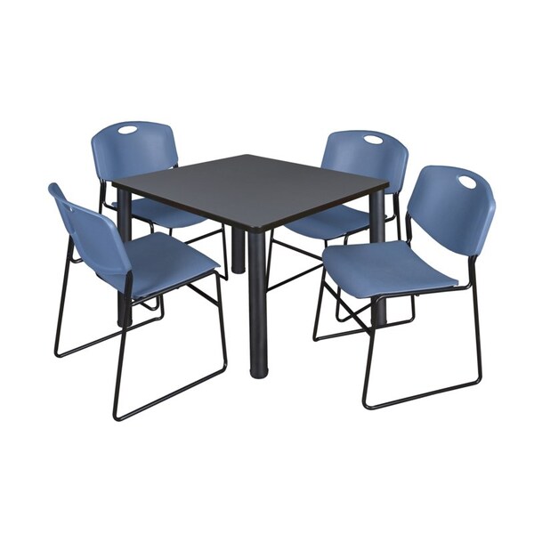 Kee/Zeng Square Gray Table/4 Blue Chairs, Square, 36", 36" W, 29" H, Gray - TB3636GYBPBK44BE