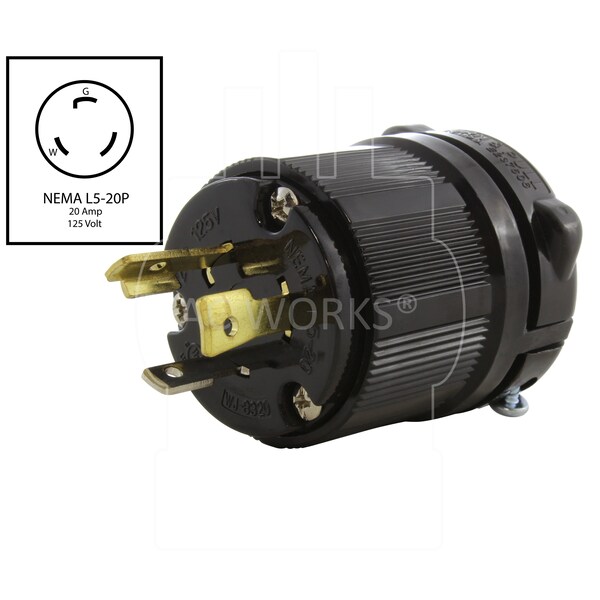 Ac Works NEMA L5-20P 20A 125V 3-Prong Locking Male Plug With UL, C-UL Approval in Black - ASL520P-BK