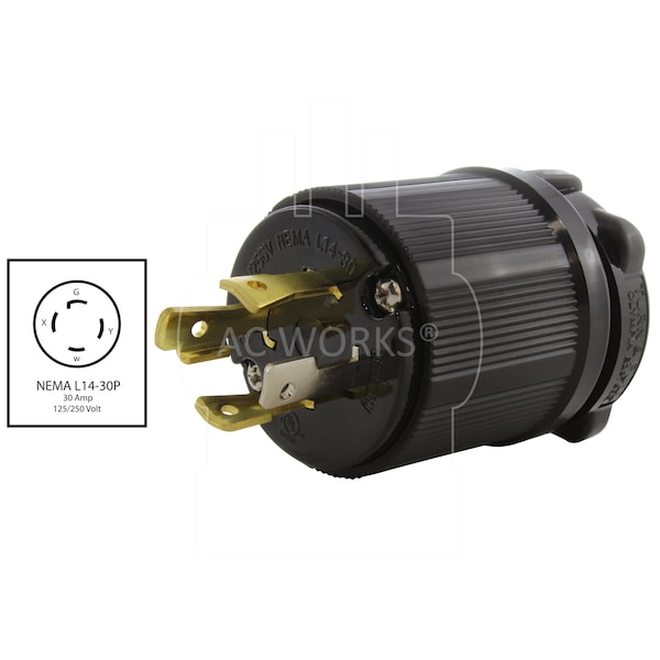Ac Works NEMA L14-30P 30A 125/250V 4-Prong Locking Male Plug With UL, C-UL Approval in Black - ASL1430P-BK