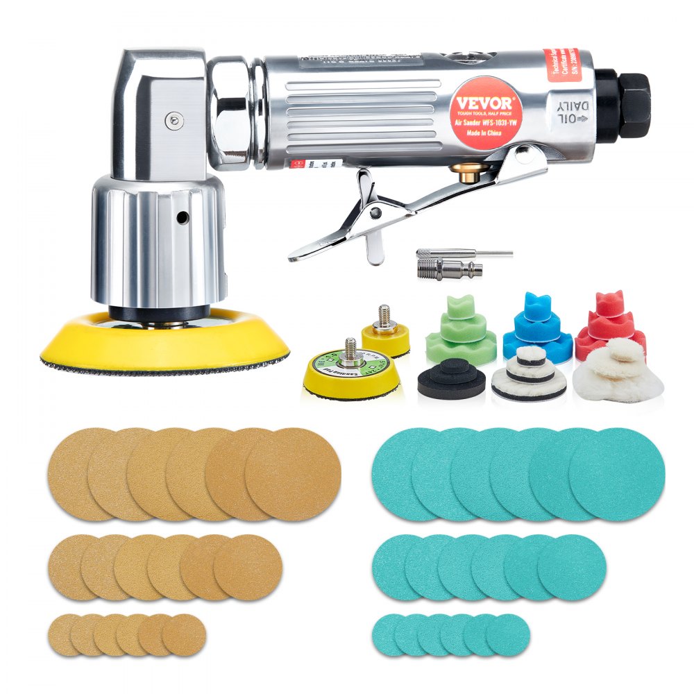 VEVOR 1/2/3 Inch Random Orbital Air Sander, High-Speed 15000RPM Mini Pneumatic Sander for Auto Body Work, 58PCS Air Powered Sander Kit with Sandpapers, Wool Pad, Wavy Sponges - QDPGJ123C0005YFA5V0