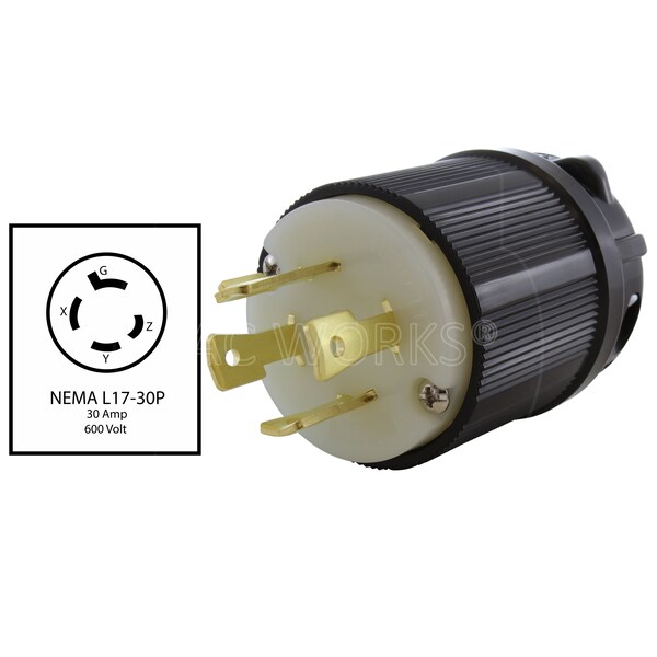Ac Works NEMA L17-30P 3-Phase 30A 600V 4-Prong Locking Male Plug with UL, C-UL Approval in Black - ASL1730P-BK