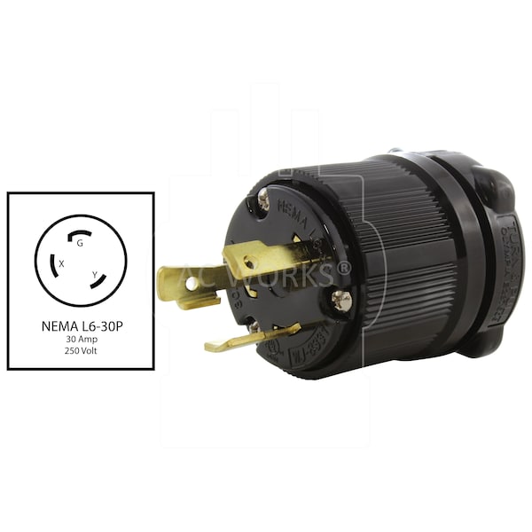 Ac Works NEMA L6-30P 30A 250V 3-Prong Locking Male Plug with UL, C-UL Approval in Black - ASL630P-BK