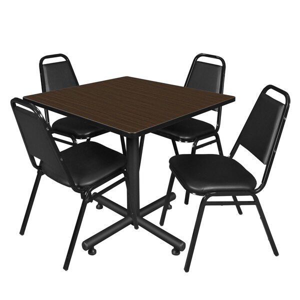 Regency Square Kobe Breakroom Table W/ 4 Restaurant Stack Chairs, 36 in W, 36 in L, Neo Walnut - TKB3636NW29BK