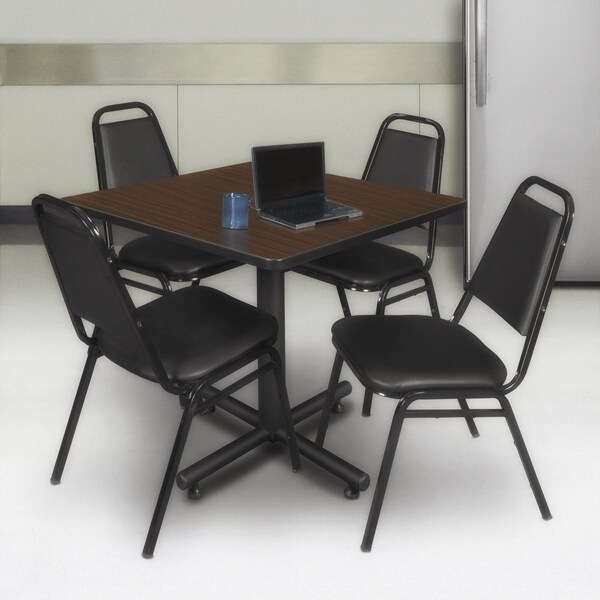 Regency Square Kobe Breakroom Table W/ 4 Restaurant Stack Chairs, 36 in W, 36 in L, Neo Walnut - TKB3636NW29BK