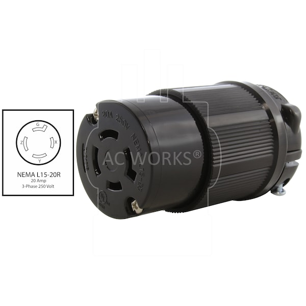 Ac Works L15-20R 20A 250V 3-Phase 4-Prong Locking Female Connector with UL, C-UL in Black - ASL1520R-BK