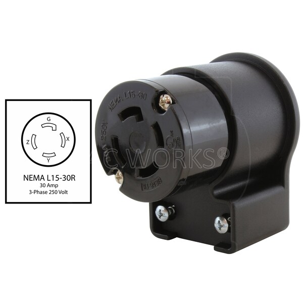 Ac Works NEMA L15-30R 3-Phase 30A 250V Elbow 4-Prong Locking Female Connector with UL, C-UL Approval - ASEL1530R