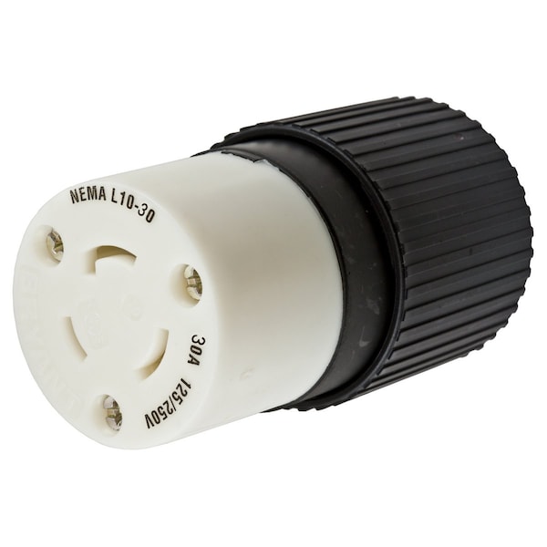 Hubbell Wiring Device-Kellems Locking Devices, Twist-Lock®, Insulgrip® Connector, 30A, 125/250V AC, 3 Pole, 3 Wire Non-Grounding, NEMA L10-30R, Black and white nylon - HBL2663