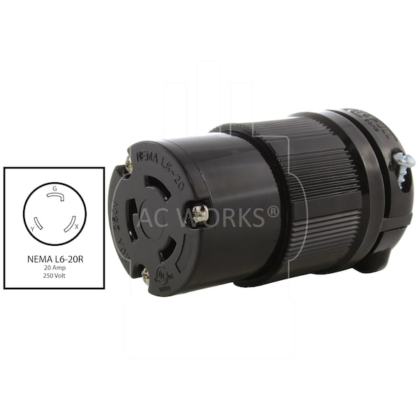 Ac Works NEMA L6-20R 20A 250V 3-Prong Locking Female Connector with UL, C-UL Approval in Black - ASL620R-BK