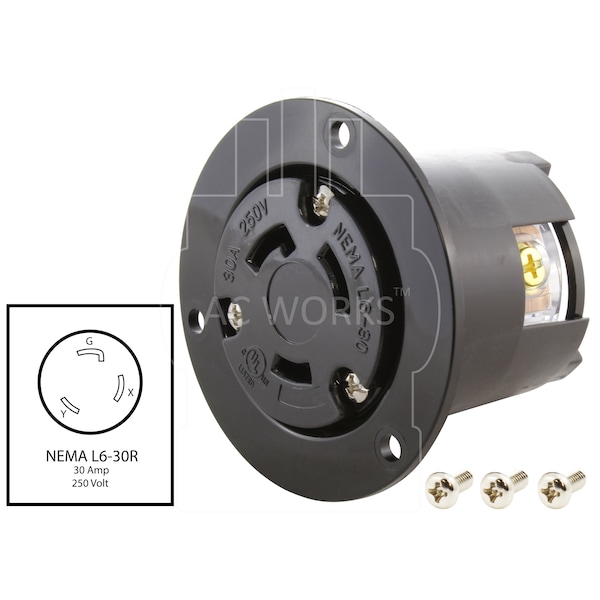 Ac Works 30A 250V L6-30R Flanged Outlet UL and C-UL Listed - ASOUL630R