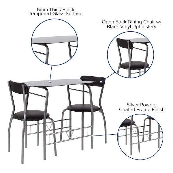Flash Furniture Oval Bistro Table, 19.75" W, 35.5" L, 29.5" H, Glass Top, Black - XM-JM-A0278-1-2-BK-GG