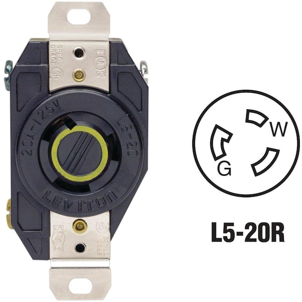 Leviton 20A 125V Black Industrial Grade L5-20R Locking Outlet Receptacle - 065-2310-000