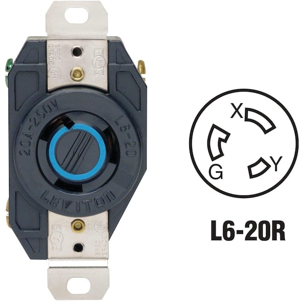 Leviton 20A 250V Black Industrial Grade L6-20R Locking Outlet Receptacle - 065-02320