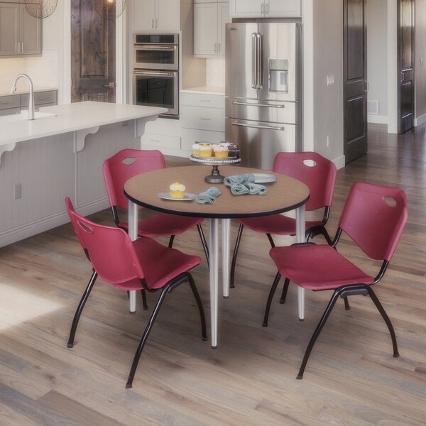 Regency Round Kahlo Breakroom Table W/ 4 M Stack Chairs, 36 in W, 36 in L, Noble Oak - TPL36RNDNOCM47BY