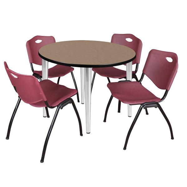 Regency Round Kahlo Breakroom Table W/ 4 M Stack Chairs, 36 in W, 36 in L, Noble Oak - TPL36RNDNOCM47BY