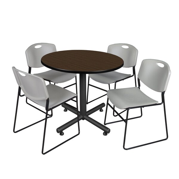 Regency Round Kobe Breakroom Table W/ 4 Zeng Stack Chairs, 36 in W, 36 in L, Neo Walnut - TKB36RNDNW44GY
