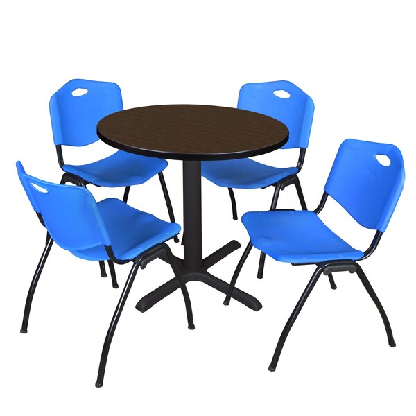 Regency Round Cain Breakroom Table W/ 4 M Stack Chairs, 30 in W, 30 in L, Neo Walnut - TB30RNDNW47BE