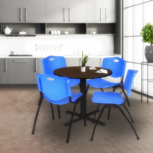 Regency Round Cain Breakroom Table W/ 4 M Stack Chairs, 30 in W, 30 in L, Neo Walnut - TB30RNDNW47BE