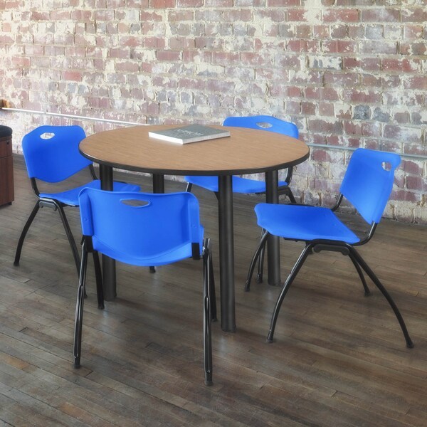 Regency Round Kee Breakroom Table W/ 4 M Stack Chairs, 42 in W, 42 in L, Noble Oak - TB42RNDNOBPBK47BE