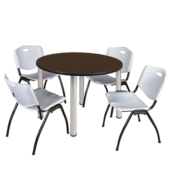 Regency Round Kee Breakroom Table W/ 4 M Stack Chairs, 42 in W, 42 in L, Neo Walnut - TB42RNDNWBPCM47GY