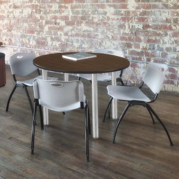 Regency Round Kee Breakroom Table W/ 4 M Stack Chairs, 42 in W, 42 in L, Neo Walnut - TB42RNDNWBPCM47GY
