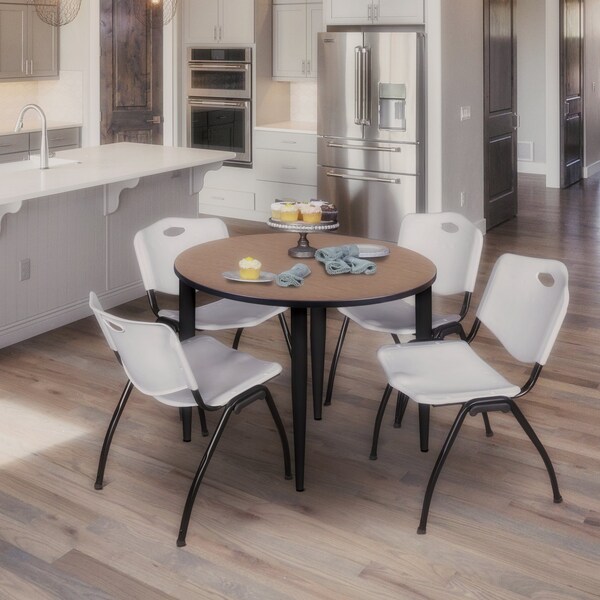 Regency Round Kahlo Breakroom Table W/ 4 M Stack Chairs, 36 in W, 36 in L, Noble Oak - TPL36RNDNOBK47GY