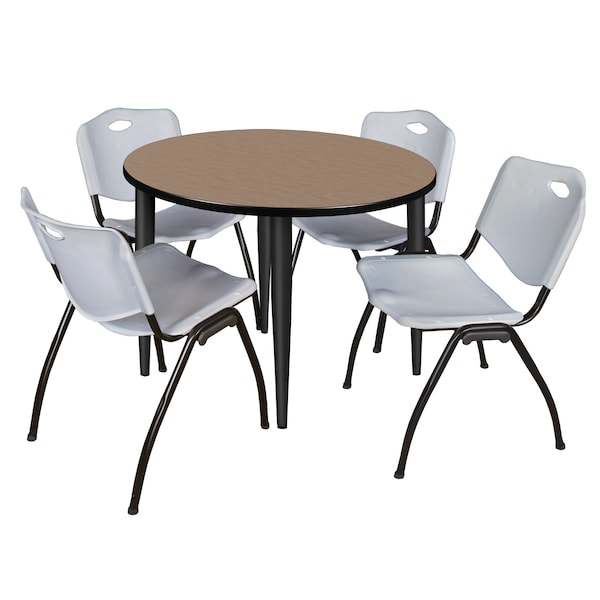 Regency Round Kahlo Breakroom Table W/ 4 M Stack Chairs, 36 in W, 36 in L, Noble Oak - TPL36RNDNOBK47GY