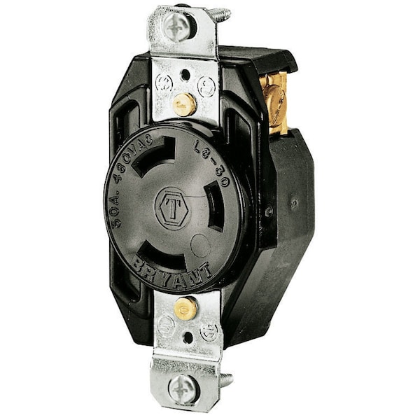 Bryant Flush Receptacle, 30A 480V AC, 2-Pole 3-Wire Grounding, L8-30R, Screw Terminal, White - 70830FR