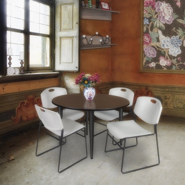 Regency Round Kahlo Breakroom Table W/ 4 Zeng Stack Chairs, 48 in W, 48 in L, Neo Walnut - TPL48RNDNWBK44GY