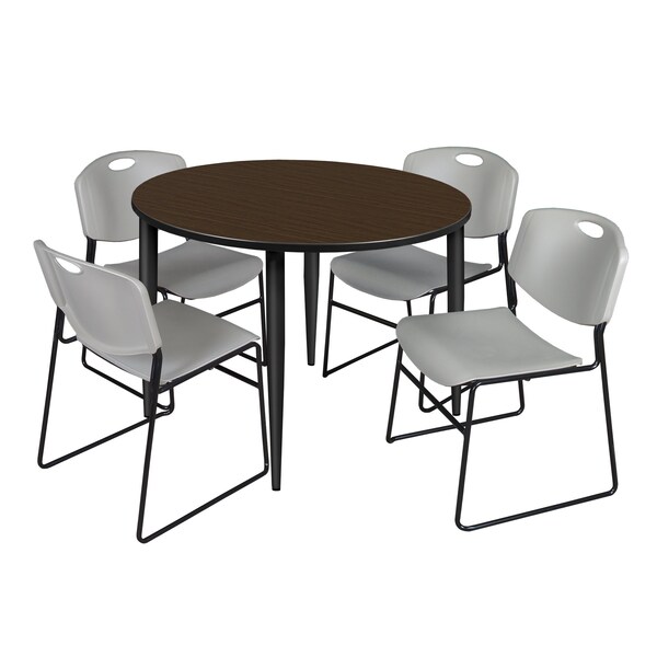Regency Round Kahlo Breakroom Table W/ 4 Zeng Stack Chairs, 48 in W, 48 in L, Neo Walnut - TPL48RNDNWBK44GY