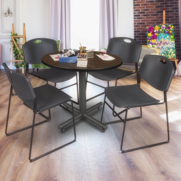 Regency Round Kobe Breakroom Table W/ 4 Zeng Stack Chairs, 36 in W, 36 in L, Neo Walnut - TKB36RNDNW44BK