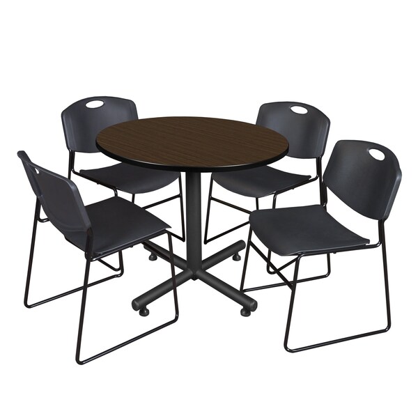 Regency Round Kobe Breakroom Table W/ 4 Zeng Stack Chairs, 36 in W, 36 in L, Neo Walnut - TKB36RNDNW44BK