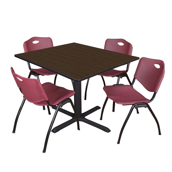 Regency Square Cain Breakroom Table W/ 4 M Stack Chairs, 48 in W, 48 in L, Neo Walnut - TB4848NW47BY