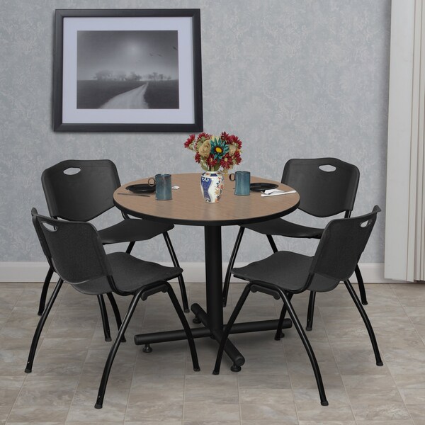 Regency Round Kobe Breakroom Table W/ 4 M Stack Chairs, 30 in W, 30 in L, Noble Oak - TKB30RNDNO47BK
