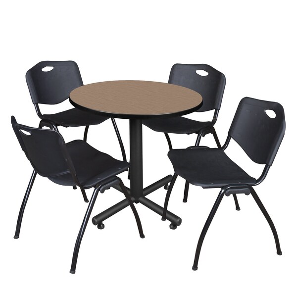 Regency Round Kobe Breakroom Table W/ 4 M Stack Chairs, 30 in W, 30 in L, Noble Oak - TKB30RNDNO47BK