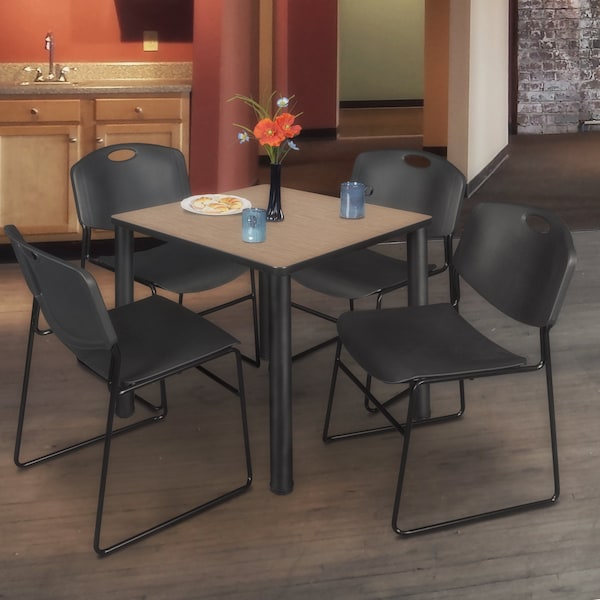 Regency Square Kee Breakroom Table W/ 4 Zeng Stack Chairs, 30 in W, 30 in L, Noble Oak - TB3030NOBPBK44BK
