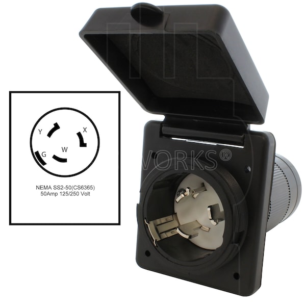 Ac Works 50A Locking 4-Wire SS2-50 RV/Marine Inlet in Black with Cover - RVINSS2-BK