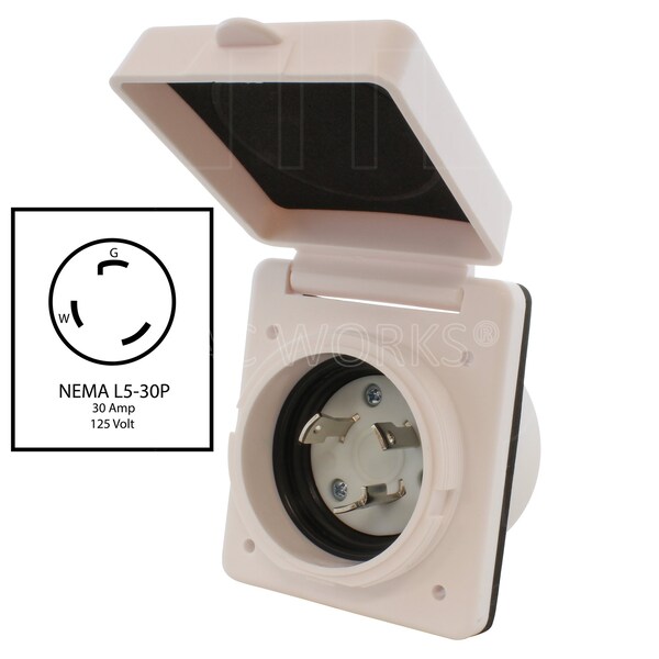Ac Works 30A 125V L5-30P RV/Marine Power Input Inlet in White With Cover - RVINL530-WT