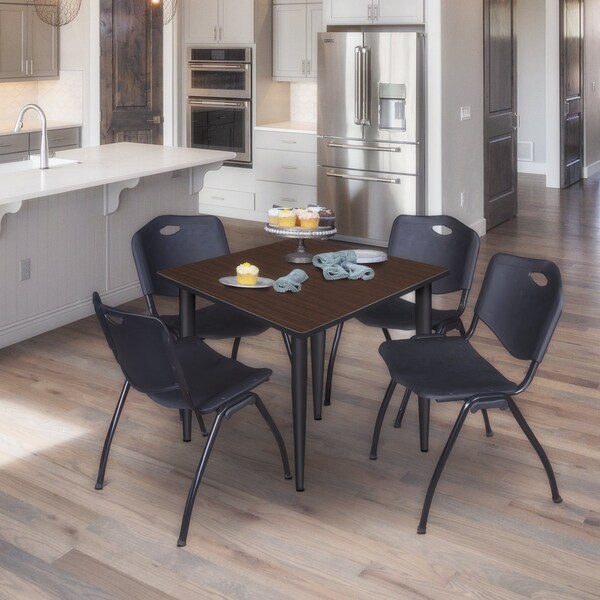 Regency Square Kahlo Breakroom Table W/ 4 M Stack Chairs, 48 in W, 48 in L, Neo Walnut - TPL4848NWBK47BK
