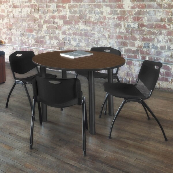 Regency Round Kee Breakroom Table W/ 4 M Stack Chairs, 42 in W, 42 in L, Neo Walnut - TB42RNDNWBPBK47BK