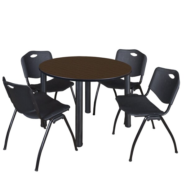 Regency Round Kee Breakroom Table W/ 4 M Stack Chairs, 42 in W, 42 in L, Neo Walnut - TB42RNDNWBPBK47BK