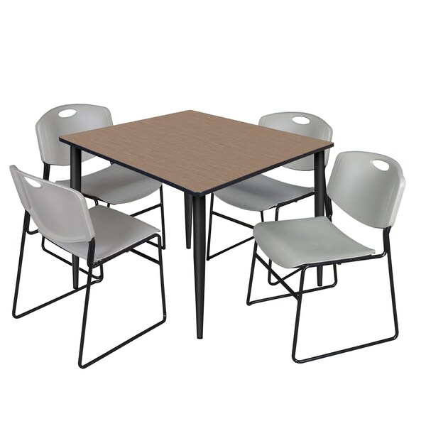 Regency Square Kahlo Breakroom Table W/ 4 Zeng Stack Chairs, 48 in W, 48 in L, Noble Oak - TPL4848NOBK44GY