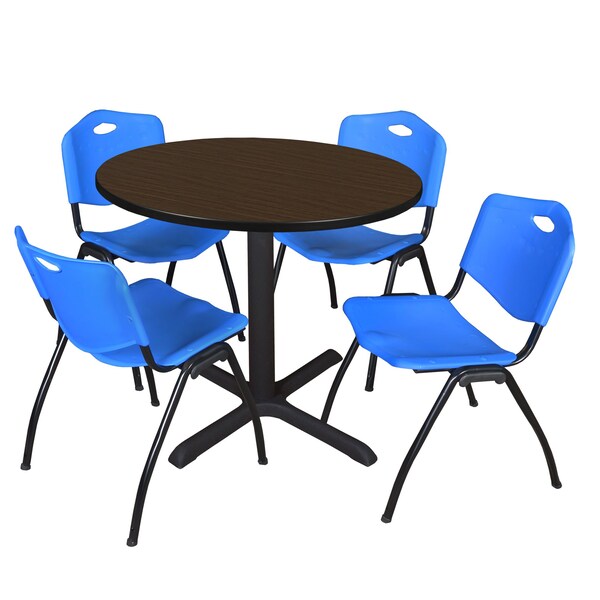 Regency Round Cain Breakroom Table W/ 4 M Stack Chairs, 42 in W, 42 in L, Neo Walnut - TB42RNDNW47BE