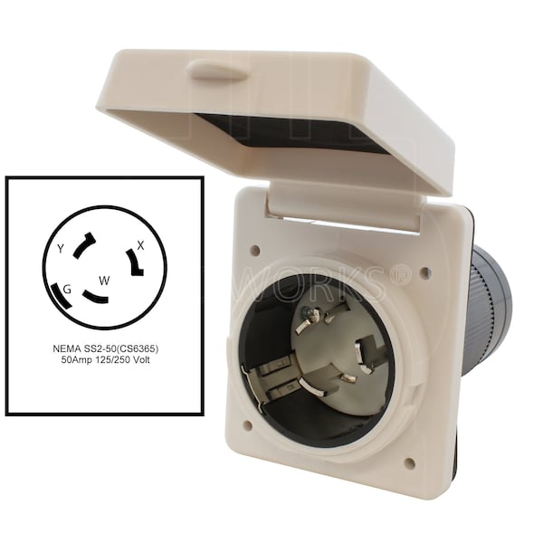 Ac Works 50A Locking 4-Wire SS2-50 RV/Marine Inlet in White with Cover - RVINSS2-WT