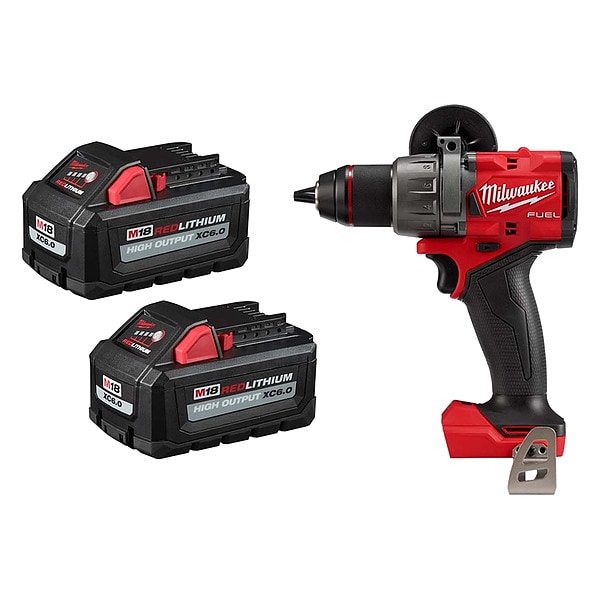 Milwaukee Tool Batteries (6.0 Ah) and Hammer Drill, 18V, Cordless Drill Class Compact Premium, Chuck Size 1/2 in - 48-11-1862, 2904-20