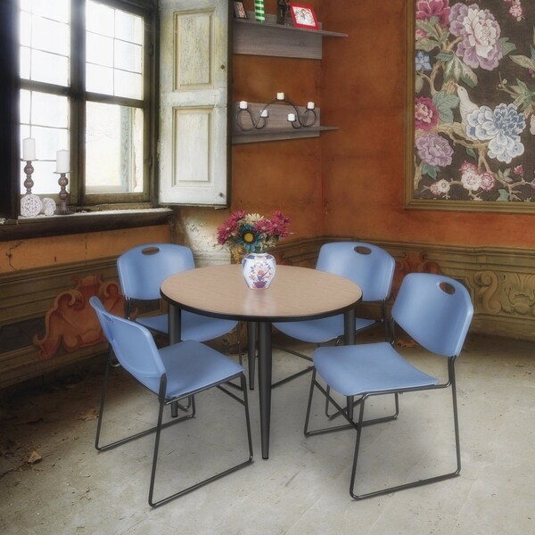 Regency Round Kahlo Breakroom Table W/ 4 Zeng Stack Chairs, 42 in W, 42 in L, Noble Oak - TPL42RNDNOBK44BE