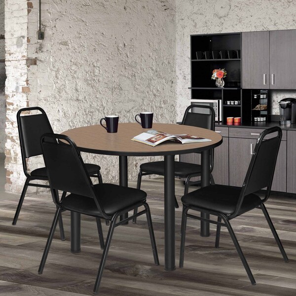 Regency Round Kee Breakroom Table W/ 4 Restaurant Stack Chairs, 42 in W, 42 in L, Noble Oak - TB42RNDNOBPBK29BK