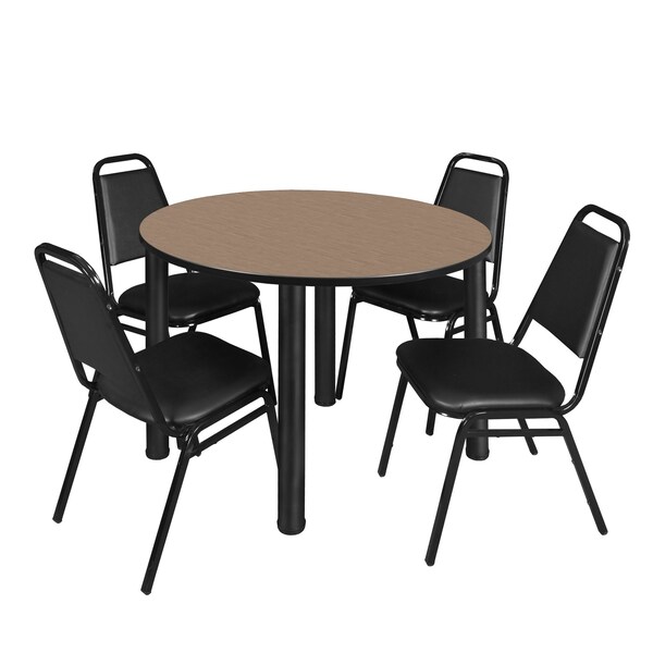 Regency Round Kee Breakroom Table W/ 4 Restaurant Stack Chairs, 42 in W, 42 in L, Noble Oak - TB42RNDNOBPBK29BK