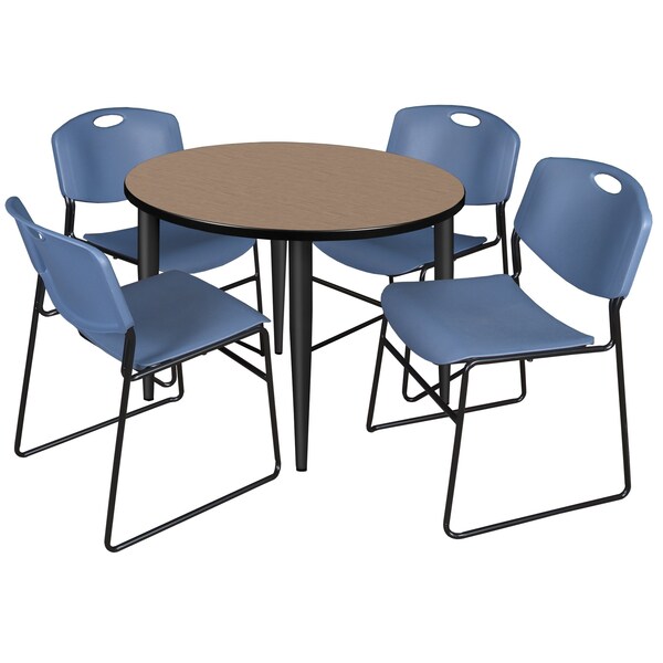 Regency Round Kahlo Breakroom Table W/ 4 Zeng Stack Chairs, 36 in W, 36 in L, Noble Oak - TPL36RNDNOBK44BE