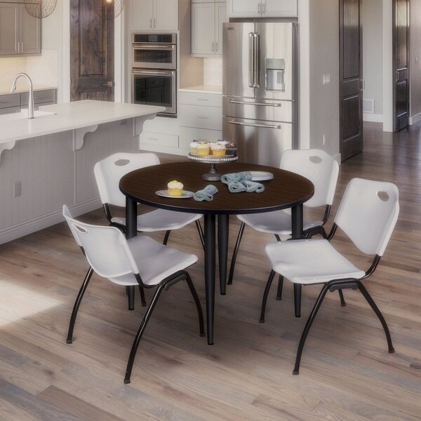 Regency Round Kahlo Breakroom Table W/ 4 M Stack Chairs, 48 in W, 48 in L, Neo Walnut - TPL48RNDNWBK47GY