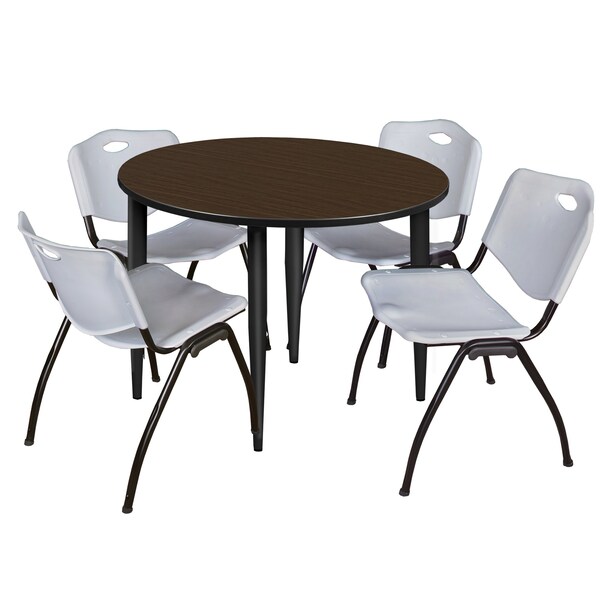 Regency Round Kahlo Breakroom Table W/ 4 M Stack Chairs, 48 in W, 48 in L, Neo Walnut - TPL48RNDNWBK47GY